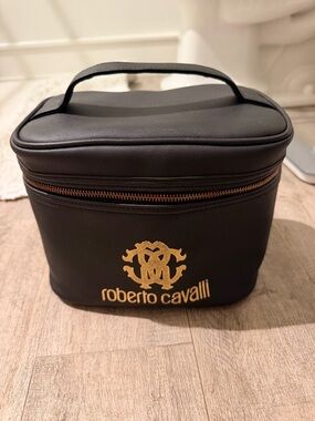 Roberto Cavalli Black and Gold Vanity Case with Top Handle